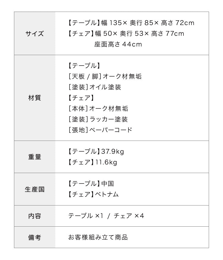 ダイニングセット ダイニング5点セット 4人掛け 幅135 高さ72 オーク無垢材 天然木 棚付き ダイニングチェア ペーパーコードチェア 天然木 椅子 ナチュラル(代引不可)