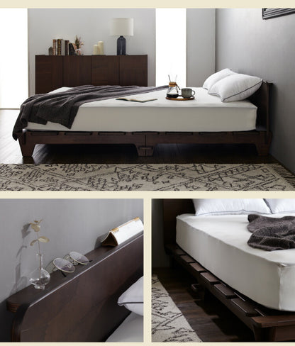 組み立て簡単 ベッドフレーム D ダブル 工具不要 ベッドフレーム単品 ボルトレス 宮付き コンセント付き おしゃれ 北欧 木目 木製 フロアベッド ロータイプ ブラウン(代引不可)