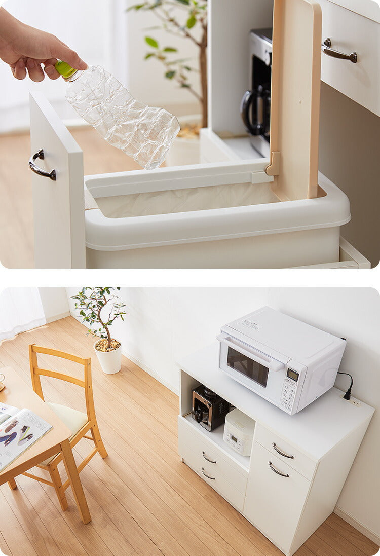 日本製 キッチンカウンター 90 完成品 スライドレール ゴミ箱付き 引き出し収納×3 間仕切り 幅88.5×奥行44.5×高さ82cm フルオープン ホワイト シルバー 2色 国産(代引不可)