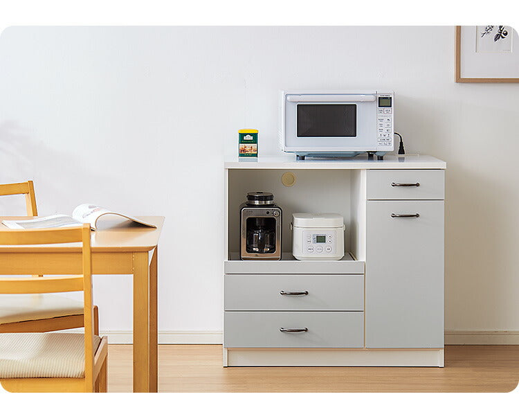 日本製 キッチンカウンター 90 完成品 スライドレール ゴミ箱付き 引き出し収納×3 間仕切り 幅88.5×奥行44.5×高さ82cm フルオープン ホワイト シルバー 2色 国産(代引不可)