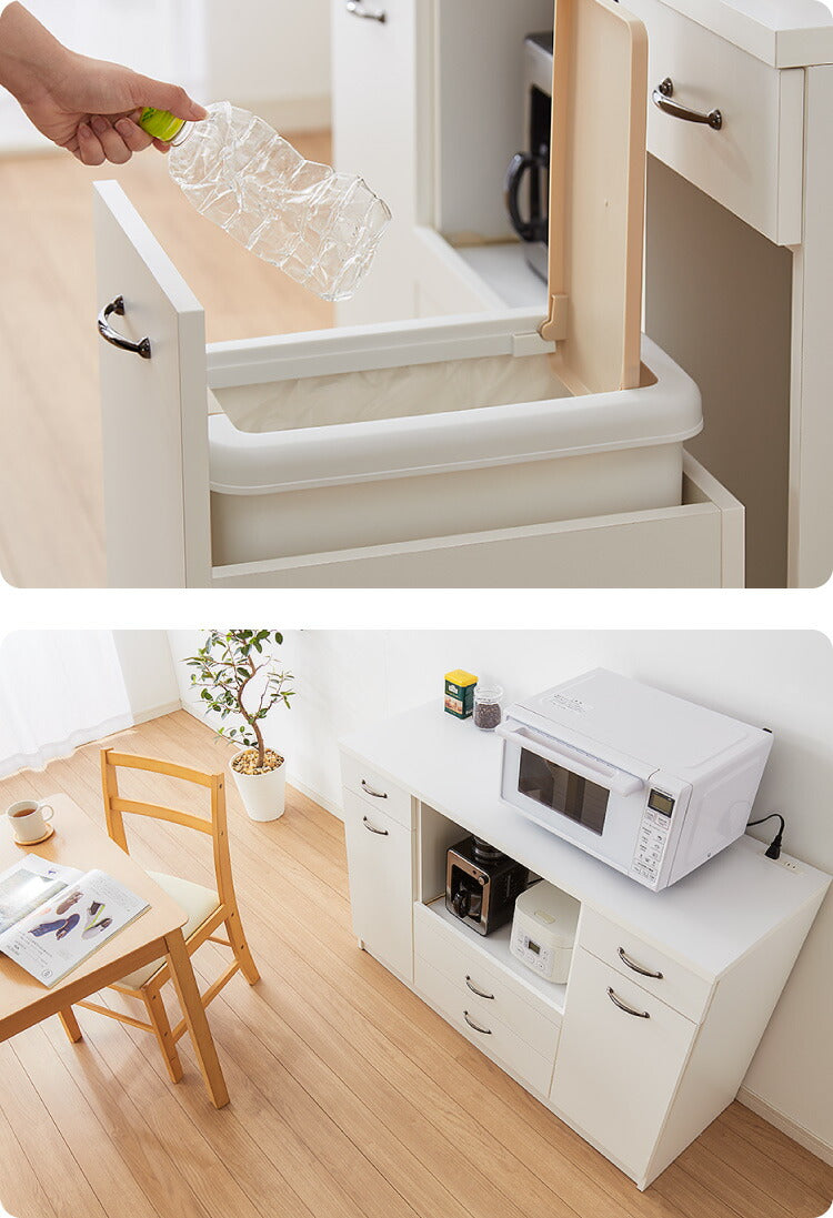 日本製 キッチンカウンター 120 【完成品】 間仕切り ゴミ箱 収納 引き出し収納×3 ダストボックス フルオープン ホワイト シルバー 2色 国産(代引不可)