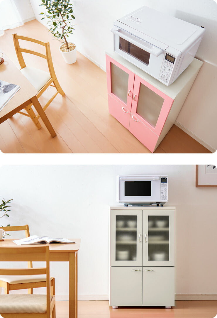 日本製 食器棚 【完成品】ロータイプ 稼働棚付き 幅60cm ガラス扉 ピンク アイボリー ミニ食器棚 キッチンボード 木製 キッチンキャビネット 台所 収納 カップボード おしゃれ 一人暮らし (代引不可)