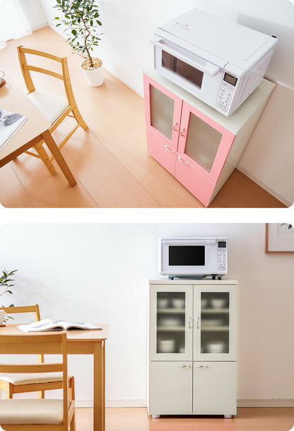 日本製 食器棚 【完成品】ロータイプ 稼働棚付き 幅60cm ガラス扉 ピンク アイボリー ミニ食器棚 キッチンボード 木製 キッチンキャビネット 台所 収納 カップボード おしゃれ 一人暮らし (代引不可)