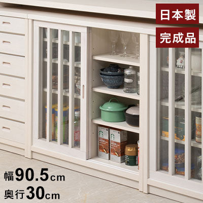 Tatis 幅90.5cm 奥行30cm 高さ86.5cm 天然木桐材の格子ガラス引戸キャビネット カウンター下収納 キッチン収納 ホワイト 日本製 国産 完成品 木製 桐 収納家具 チェスト タンス リビング収納(代引不可)