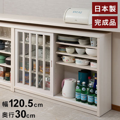 Tatis 幅120.5cm 奥行30cm 高さ86.5cm 天然木桐材の格子ガラス引戸キャビネット カウンター下収納 キッチン収納 ホワイト 日本製 国産 完成品 木製 桐 収納家具 チェスト タンス リビング収納(代引不可)