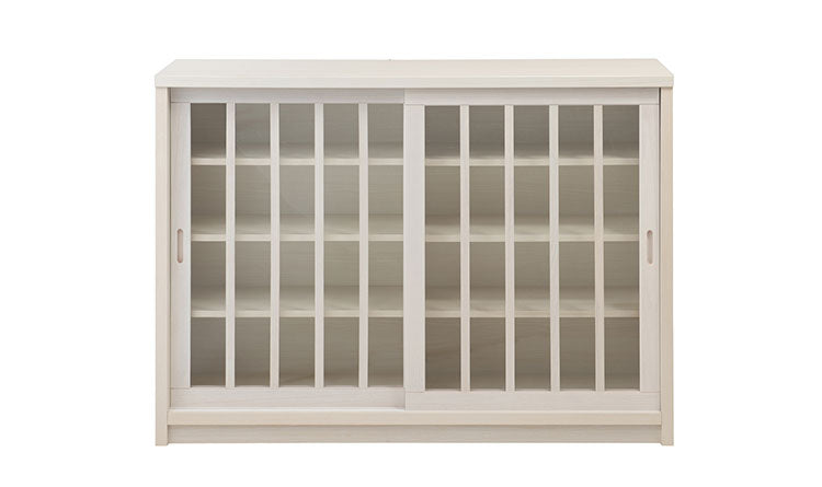 Tatis 幅120.5cm 奥行30cm 高さ86.5cm 天然木桐材の格子ガラス引戸キャビネット カウンター下収納 キッチン収納 ホワイト 日本製 国産 完成品 木製 桐 収納家具 チェスト タンス リビング収納(代引不可)