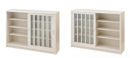 Tatis 幅120.5cm 奥行30cm 高さ86.5cm 天然木桐材の格子ガラス引戸キャビネット カウンター下収納 キッチン収納 ホワイト 日本製 国産 完成品 木製 桐 収納家具 チェスト タンス リビング収納(代引不可)