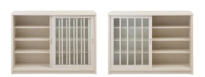 Tatis 幅120.5cm 奥行30cm 高さ86.5cm 天然木桐材の格子ガラス引戸キャビネット カウンター下収納 キッチン収納 ホワイト 日本製 国産 完成品 木製 桐 収納家具 チェスト タンス リビング収納(代引不可)