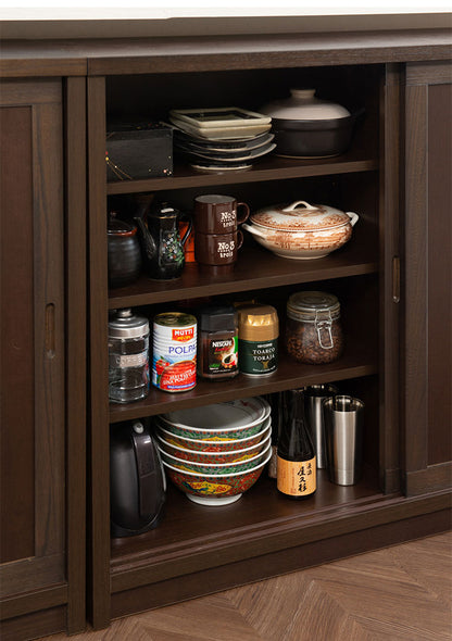 Tatis 幅120.5cm 奥行30cm 高さ86.5cm 天然木桐材の格子引戸キャビネット カウンター下収納 キッチン収納 ブラウン 日本製 国産 完成品 木製 桐 収納家具 チェスト タンス リビング収納 インテリア(代引不可)