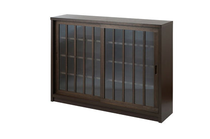 Tatis 幅120.5cm 奥行30cm 高さ86.5cm 天然木桐材の格子ガラス引戸キャビネット カウンター下収納 キッチン収納 ブラウン 日本製 国産 完成品 木製 桐 収納家具 チェスト タンス リビング収納(代引不可)