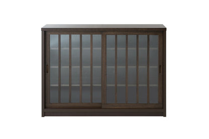 Tatis 幅120.5cm 奥行30cm 高さ86.5cm 天然木桐材の格子ガラス引戸キャビネット カウンター下収納 キッチン収納 ブラウン 日本製 国産 完成品 木製 桐 収納家具 チェスト タンス リビング収納(代引不可)