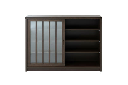 Tatis 幅120.5cm 奥行30cm 高さ86.5cm 天然木桐材の格子ガラス引戸キャビネット カウンター下収納 キッチン収納 ブラウン 日本製 国産 完成品 木製 桐 収納家具 チェスト タンス リビング収納(代引不可)