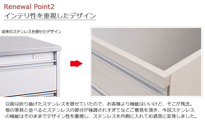 日本製 大川家具 ステンレス キッチンカウンター 幅110 上引き出し3杯 木目調 ホワイト カウンタ― レンジ台 レンジラック 大容量 白 北欧(代引不可)