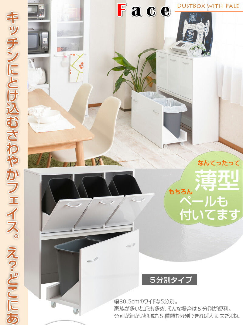 face 5分割 ダストボックス 幅80.5 大容量 ホワイト 白 ゴミ箱 スリム おしゃれ くず入れ 収納 収納ボックス ゴミ入れ 五分割 北欧(代引不可)
