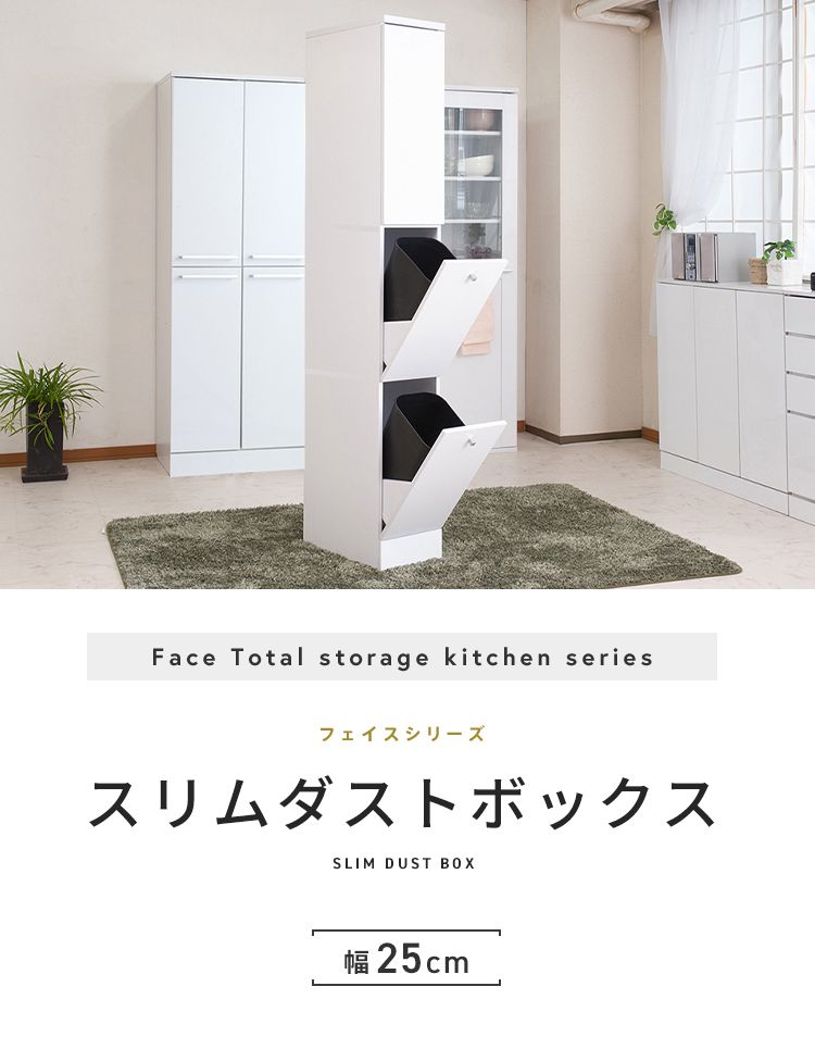 Face ダストボックス 28L 幅25cm スリム 2分割 分別 フラップ式 可動棚 収納 鏡面仕上げ シンプル ホワイト 白 おしゃれ モダン すっきり 省スペース コンパクト ゴミ箱 隙間収納 キッチン収納(代引不可)