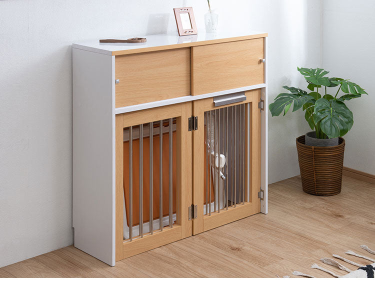 Neat 折りたたみ式ペットゲージ ナチュラル 引き戸収納庫付き 犬 猫 ゲージ ペット ケージ ペットケージ 小屋 サークル ゲージ サークルケージ キャットケージ 室内 犬小屋(代引不可)