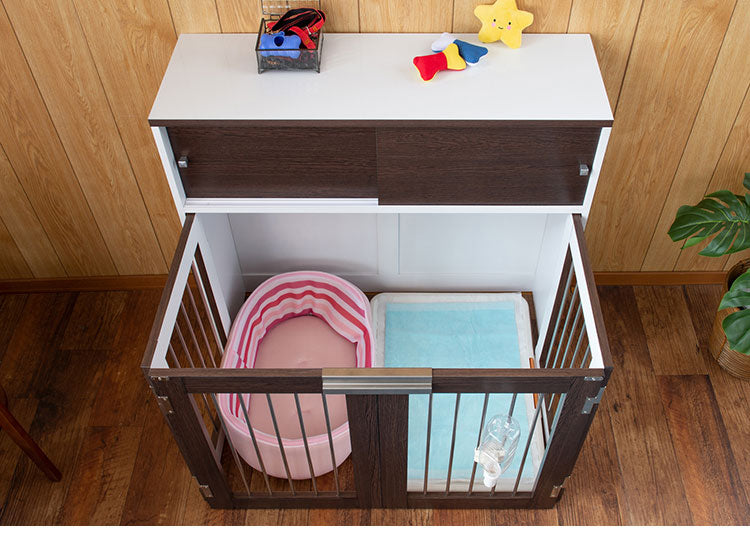 Calm 折りたたみ式ペットゲージ ダークブラウン 引き戸収納庫付き 犬 猫 ゲージ ペット ケージ ペットケージ 小屋 サークル ゲージ サークルケージ キャットケージ 室内 犬小屋(代引不可)