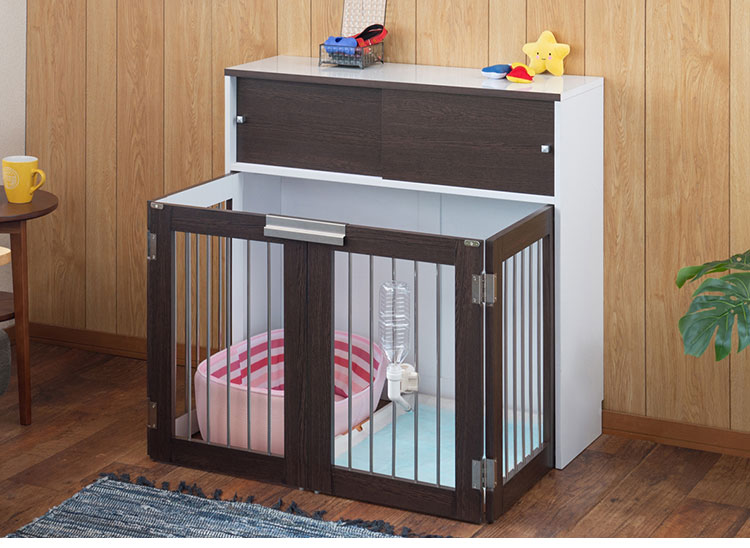 Calm 折りたたみ式ペットゲージ ダークブラウン 引き戸収納庫付き 犬 猫 ゲージ ペット ケージ ペットケージ 小屋 サークル ゲージ サークルケージ キャットケージ 室内 犬小屋(代引不可)