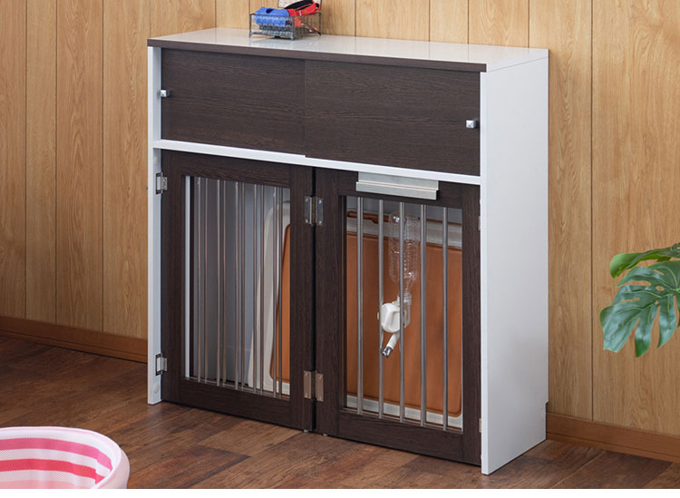 Calm 折りたたみ式ペットゲージ ダークブラウン 引き戸収納庫付き 犬 猫 ゲージ ペット ケージ ペットケージ 小屋 サークル ゲージ サークルケージ キャットケージ 室内 犬小屋(代引不可)