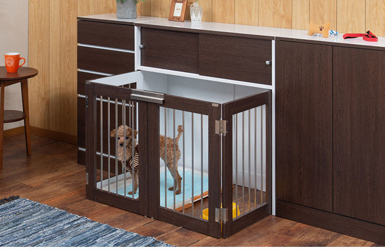 Calm 折りたたみ式ペットゲージ ダークブラウン 引き戸収納庫付き 犬 猫 ゲージ ペット ケージ ペットケージ 小屋 サークル ゲージ サークルケージ キャットケージ 室内 犬小屋(代引不可)