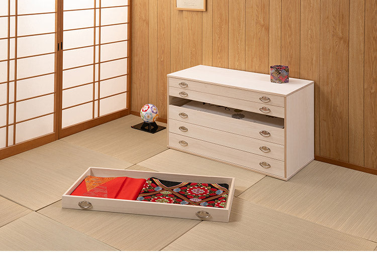 シルバー取っ手が華やかな桐クローゼットチェスト 幅99.5 奥行44 高さ61cm 6段タイプ キャスター付き 生地仕上げ 日本製 完成品(代引不可)
