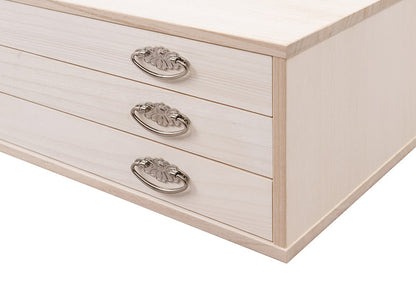 シルバー取っ手が華やかな桐クローゼットチェスト 幅99.5 奥行44 高さ24.5cm 3段タイプ上置き兼用 生地仕上げ 日本製 完成品(代引不可)