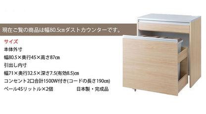 ダストボックス キッチンカウンター 幅80.5cm ホワイトウォッシュ 日本製 完成品 2分別 45リットル 引き出し付き ゴミ箱 ごみ箱 レンジ台 ダストカウンター キッチン収納 隠す収納(代引不可)