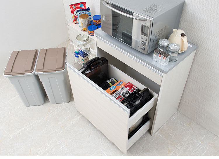 ダストボックス キッチンカウンター 幅80.5cm ホワイトウォッシュ 日本製 完成品 2分別 45リットル 引き出し付き ゴミ箱 ごみ箱 レンジ台 ダストカウンター キッチン収納 隠す収納(代引不可)