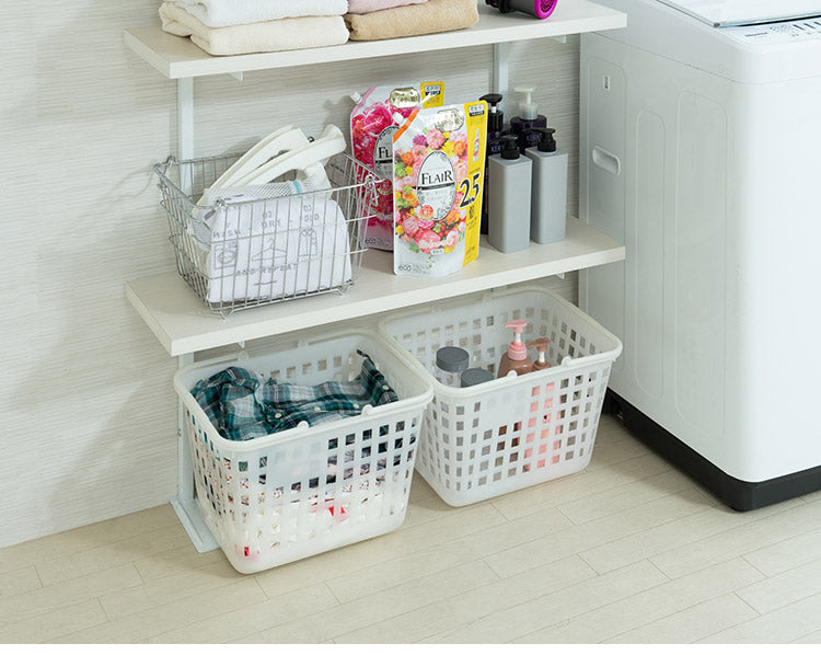 突っ張り壁面収納 無段階調整2枚棚オープンラック 幅89.5cm ホワイトウォッシュ 棚 つっぱり 薄型 収納 ディスプレイラック 店舗 新生活 カフェ サロン 一人暮らし diy 北欧 ランドリー(代引不可)