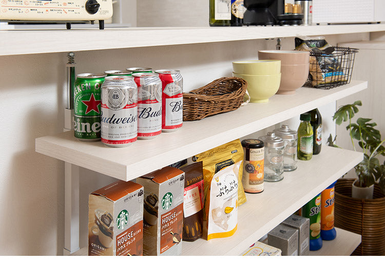 カウンター下突っ張りラック 無段階調整3枚棚オープンラック 本体 幅119.5cm ホワイトウォッシュ 壁面ラック つっぱり 薄型 収納 ディスプレイラック 店舗 新生活 カフェ サロン 一人暮らし(代引不可)