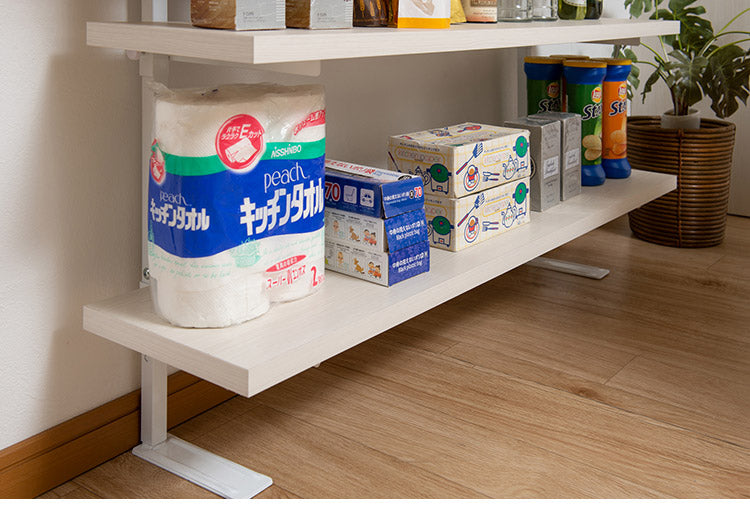 カウンター下突っ張りラック 無段階調整3枚棚オープンラック 本体 幅119.5cm ホワイトウォッシュ 壁面ラック つっぱり 薄型 収納 ディスプレイラック 店舗 新生活 カフェ サロン 一人暮らし(代引不可)