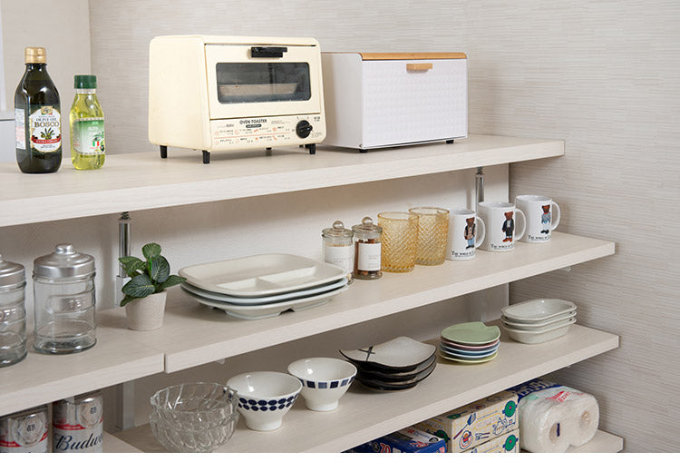 カウンター下突っ張りラック 無段階調整3枚棚オープンラック 本体 幅119.5cm ホワイトウォッシュ 壁面ラック つっぱり 薄型 収納 ディスプレイラック 店舗 新生活 カフェ サロン 一人暮らし(代引不可)