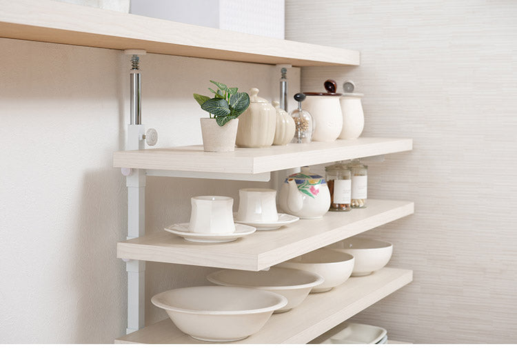 カウンター下突っ張りラック 無段階調整3枚棚オープンラック 本体 幅119.5cm ホワイトウォッシュ 壁面ラック つっぱり 薄型 収納 ディスプレイラック 店舗 新生活 カフェ サロン 一人暮らし(代引不可)