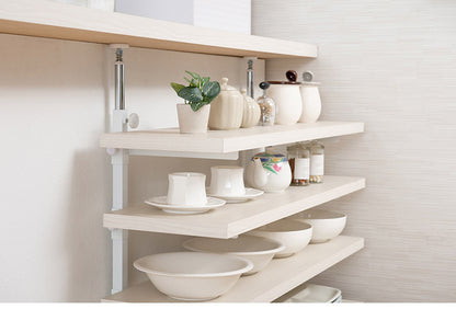 カウンター下突っ張りラック 無段階調整3枚棚オープンラック 本体 幅119.5cm ホワイトウォッシュ 壁面ラック つっぱり 薄型 収納 ディスプレイラック 店舗 新生活 カフェ サロン 一人暮らし(代引不可)