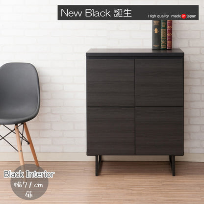 日本製 完成品 キャビネット 2×2 ブラック 幅71 スクエア 国産 扉タイプ おしゃれ 黒 男前家具 木目調 木製 モノトーン(代引不可)