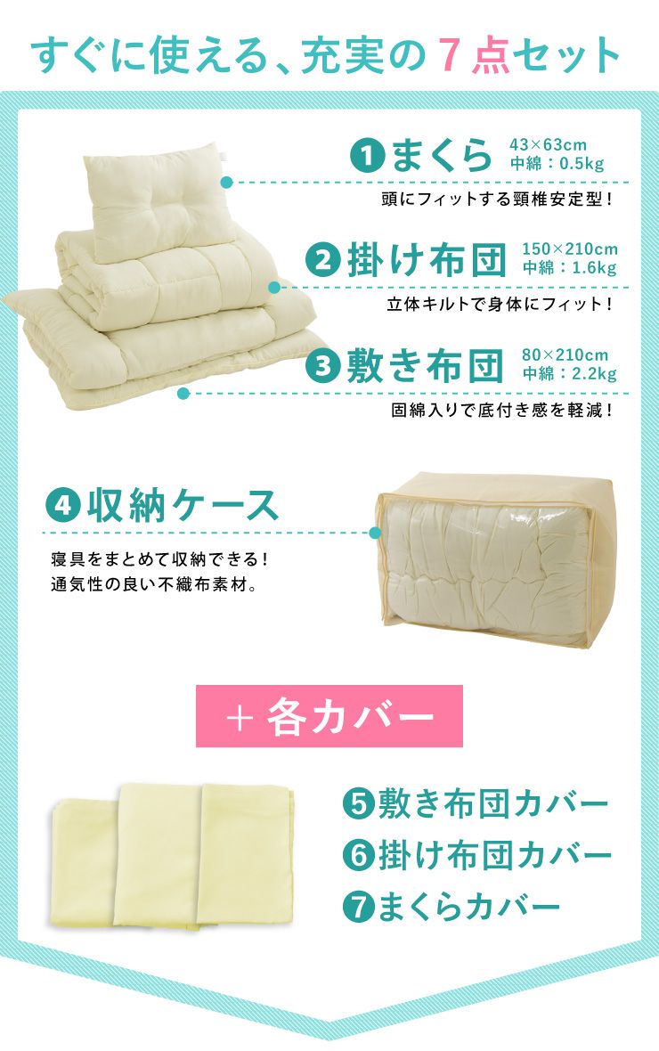 布団セット 布団 セミシングル カバー付き 来客用 固綿入り敷き布団 抗菌防臭 防カビ 掛け布団 枕 布団カバー 敷布団カバー 収納ケース 収納袋 セット