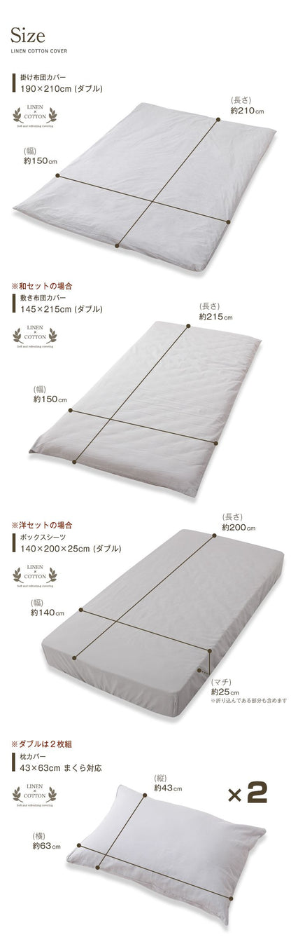 天然リネン&コットン 布団カバー4点セット ダブル 和タイプ 洋タイプ おしゃれ 北欧 麻混 綿 コットン 敷布団カバー 枕カバー 2枚セット 洗濯可能 ウォッシャブル 6色展開 一人暮らし 新生活(代引不可)