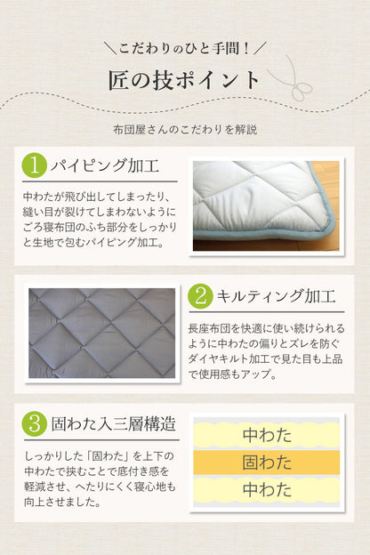 3層ごろ寝マット 日本製 65×180cm 国産 パイピング加工 キルティング加工 ダイヤキルト 固綿 ヘたりにくい 底付き感なし 敷布団 敷き布団 コンパクト 省スペース 折り畳み