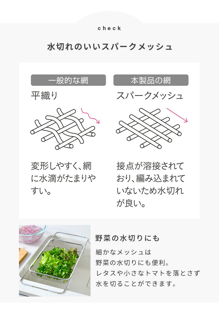 日本製 燕三条 シンクに渡せる 水切りかご シンク内外両用 吸水マットに合わせて使える ステンレス 水切りラック シンク渡し 伸縮 水切りカゴ バスケット オークス レイエ AUX leye(代引不可)