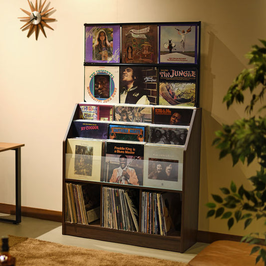 レコードディスプレイラック 木目ダーク レコード ジャケット ディスプレイ 約420枚収納 幅103cm ガラス 飾り棚 おしゃれ(代引不可)