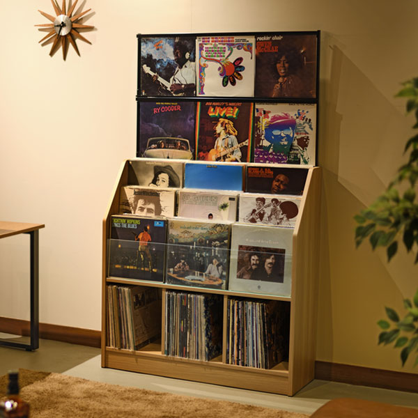 レコードディスプレイラック 木目ナチュラル レコード ジャケット ディスプレイ 約420枚収納 幅103cm ガラス 飾り棚 おしゃれ(代引不可)