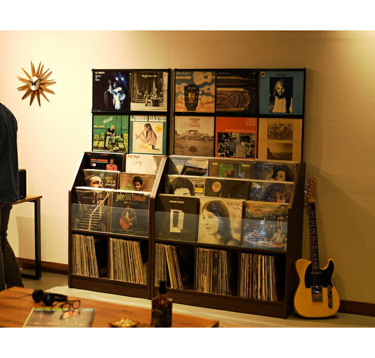 レコードディスプレイラック 木目ナチュラル レコード ジャケット ディスプレイ 約420枚収納 幅103cm ガラス 飾り棚 おしゃれ(代引不可)