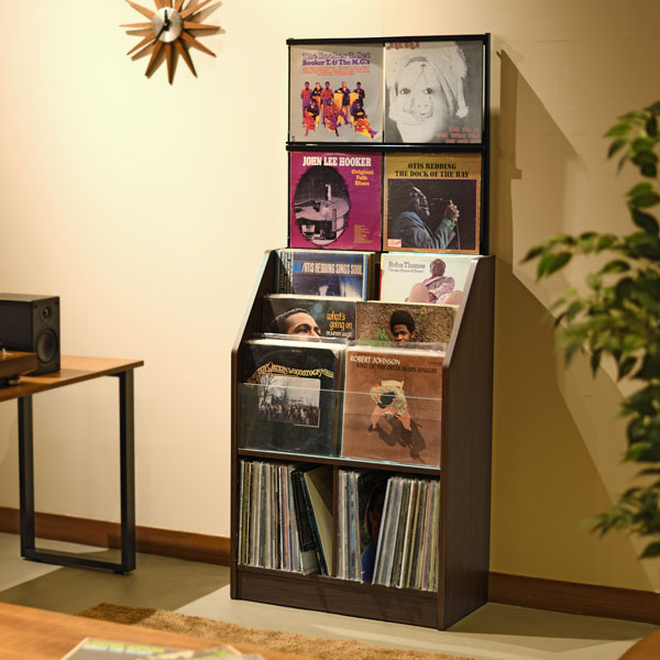 レコードディスプレイラック 木目ダーク レコード ジャケット ディスプレイ 約280枚収納 幅71cm ガラス 飾り棚 おしゃれ(代引不可)
