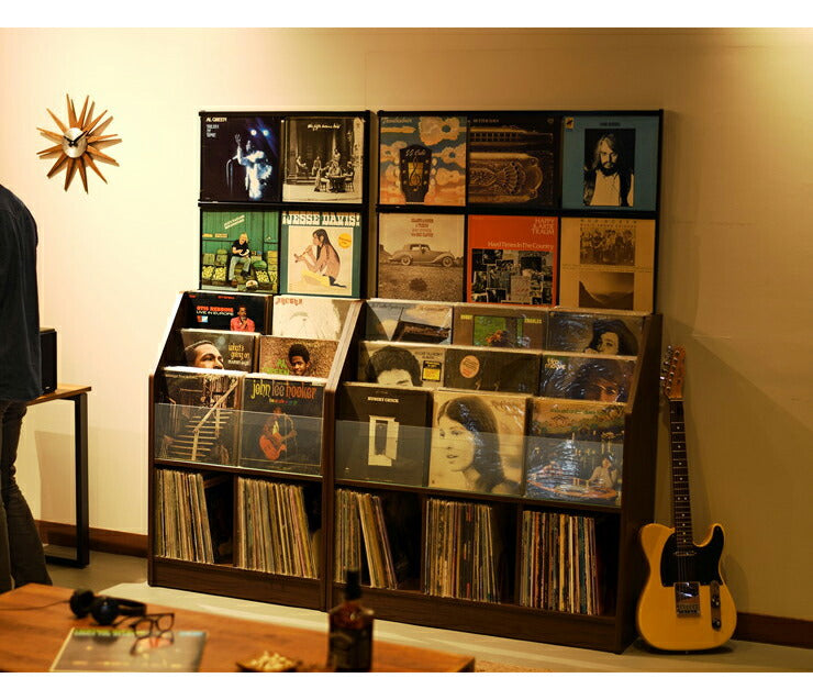 レコードディスプレイラック 木目ダーク レコード ジャケット ディスプレイ 約280枚収納 幅71cm ガラス 飾り棚 おしゃれ(代引不可)