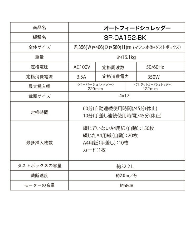 シュレッダー simplus オートフィードシュレッダー 業務用 シンプラス 自動細断 150枚 連続稼働60分 大容量 カード 1年保証 クロスカット 電動シュレッダー セキュリティ 個人情報 オフィス SP-OA152-BK