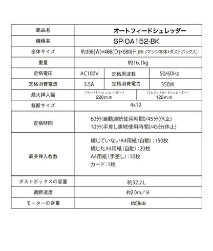 シュレッダー simplus オートフィードシュレッダー 業務用 シンプラス 自動細断 150枚 連続稼働60分 大容量 カード 1年保証 クロスカット 電動シュレッダー セキュリティ 個人情報 オフィス SP-OA152-BK