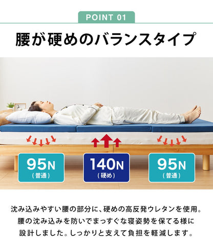 日本製 抗菌 三つ折り バランスマットレス シングル バランス 中反発 腰かため 硬さふつう 清潔 防臭 防カビ 腰痛 折りたたみ カバー抗菌 国産 折りたたみ(代引不可)