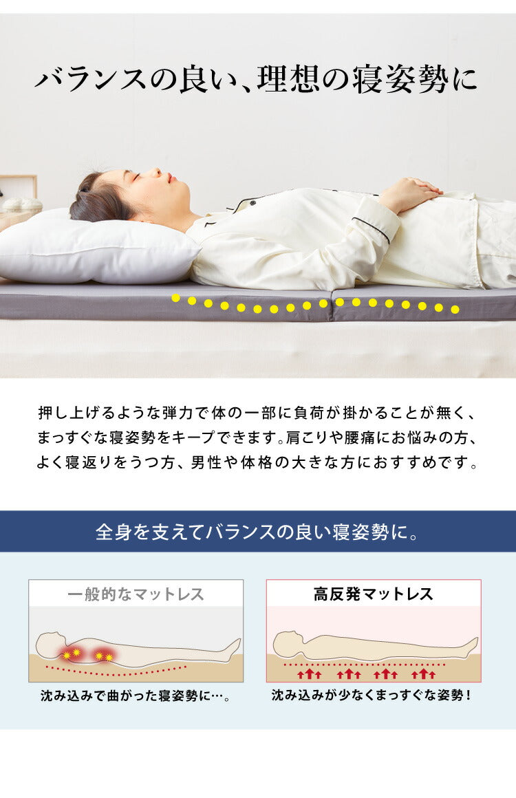 日本製 活性炭入り 三つ折りマットレス シングル 高反発 硬め 170N 体圧分散 寝返り マットレス 三つ折り かたい おりたたみ 防臭 炭入り 男性用 臭い(代引不可)