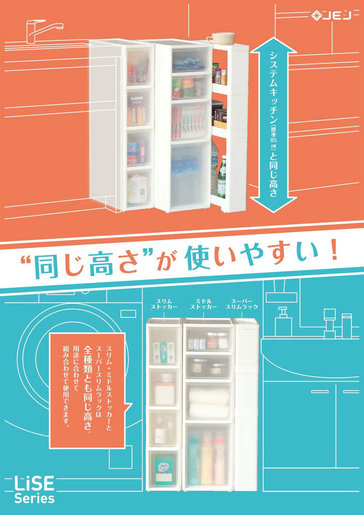 リセ ミドルストッカー 幅26cm 引出し4段 M4 日本製 JEJ ジェイイージェイ すき間収納 隙間 収納ボックス 小棚 6段 キャスターつき 収納ケース プラスチック収納 キッチン 洗面所 脱衣所(代引不可)