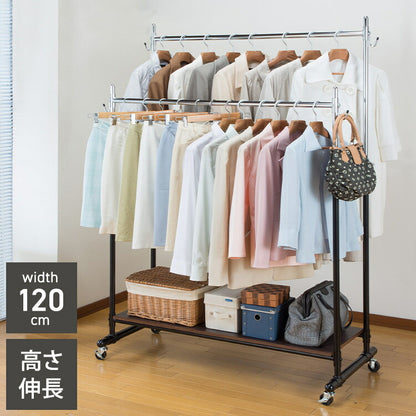 頑丈ハンガーラック 幅120cm ダブル キャスター付き 下棚収納 高さ伸長可 スチール製 ハンガー 衣類収納 コート掛け パイプハンガー(代引不可)
